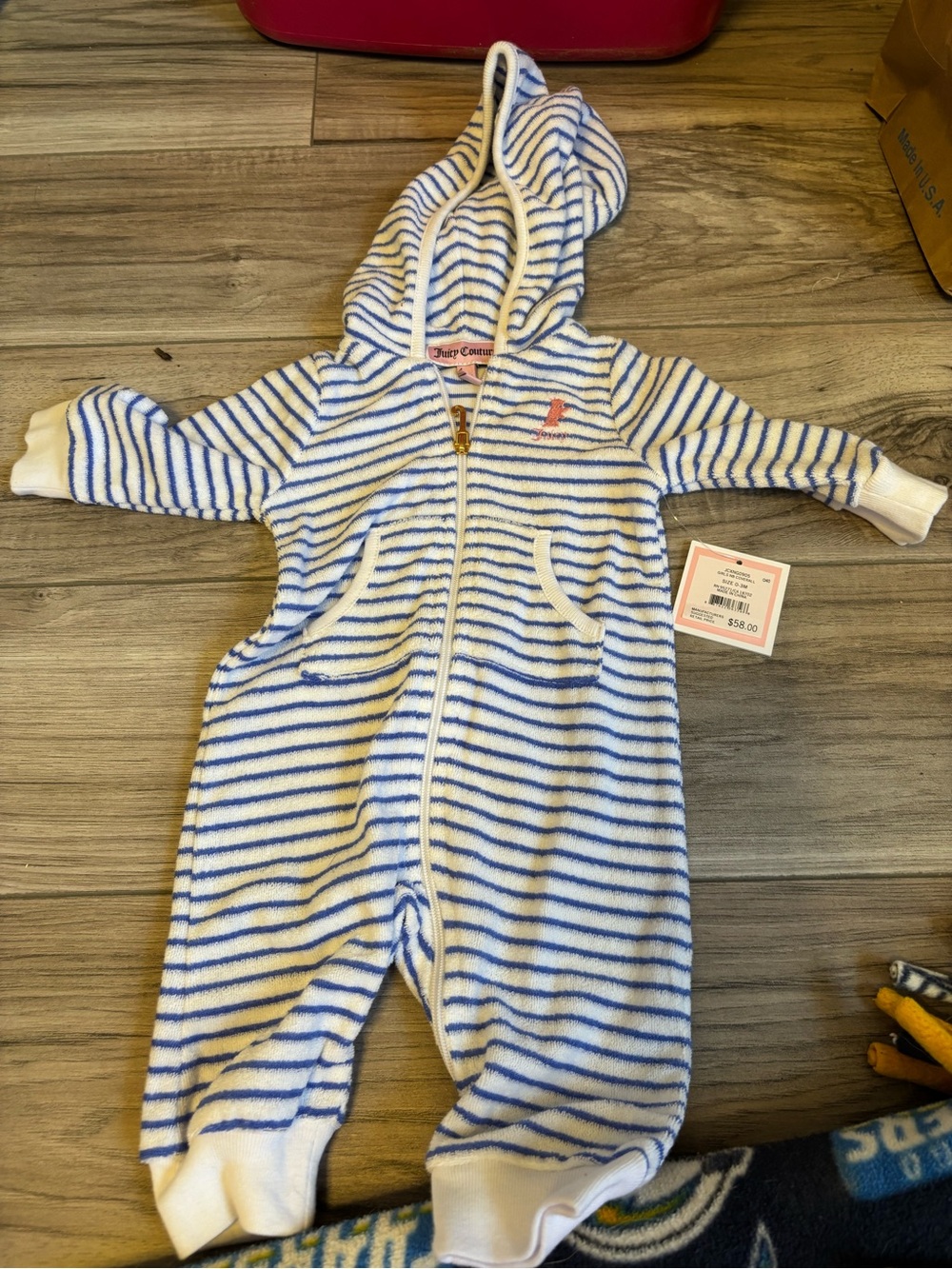 Juicy Couture White and Blue Striped Hooded Footie